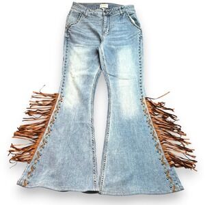 READ Shyanne Fringe Studded Flare Jeans Womens 30 Blue Western Boho Cowgirl Bell